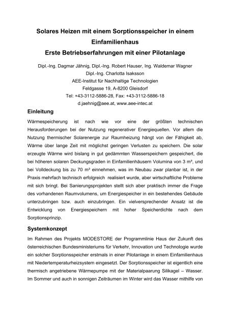 Solares Heizen mit einem Sorptionsspeicher - bei AEE - Institut für ...