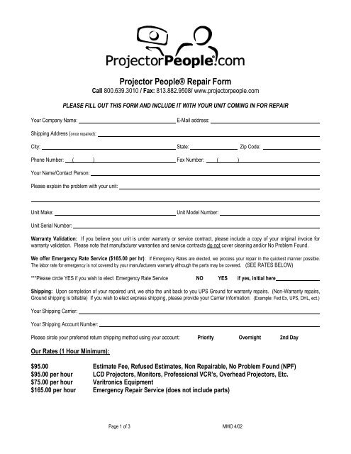 Projector People® Repair Form