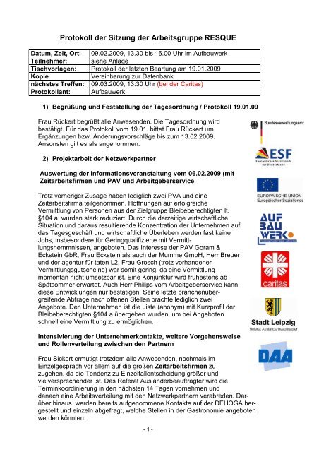 Protokoll der Sitzung der Arbeitsgruppe RESQUE - Projekt Resque