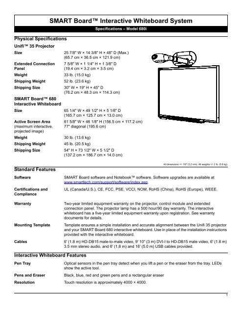 SMART Board Interactive Whiteboard Specifications - Model 680i