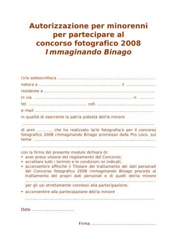 Autorizzazione per minorenni per partecipare al ... - Pro Loco Binago