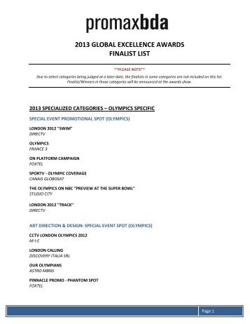2013 GLOBAL EXCELLENCE AWARDS FINALIST LIST - PromaxBDA