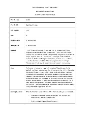 School of Computer Science and Statistics B.A. (Mod) Computer ...