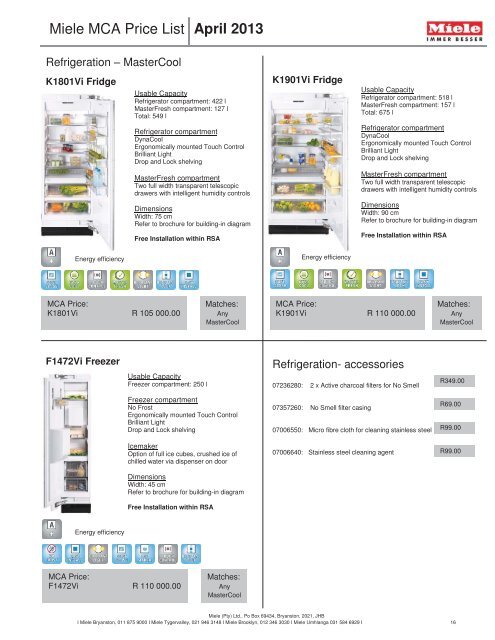 Miele MDA Price list April 2013 - Euro Appliances