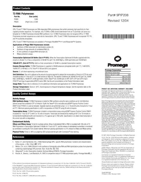 T3 Rna Polymerase Product Information Sheet 9pip208 Promega