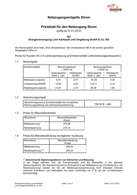 Netzzugangsentgelte Strom Preisblatt für den Netzzugang Strom