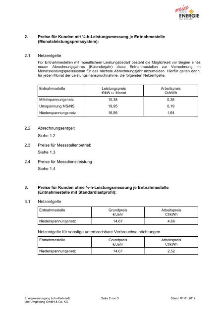 Netzzugangsentgelte Strom Preisblatt für den Netzzugang Strom