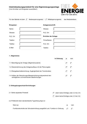 Inbetriebsetzungsprotokoll für eine Eigenerzeugungsanlage - Energie