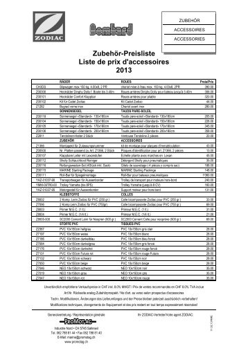 Liste de prix accessoires Zodiac