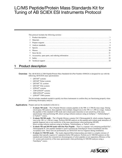 LC/MS Peptide/Protein Mass Standards Kit for Tuning of AB SCIEX ...
