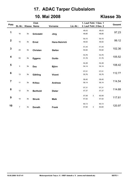 Klasse 3a 17. ADAC Tarper Clubslalom 10. Mai ... - Dau Line Racing