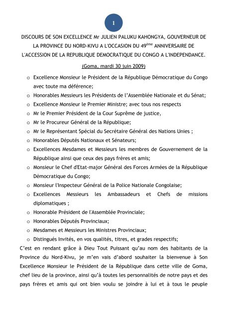 Lire discours du Gouverneur de Province: 30 juin INDEPENDANCE ...