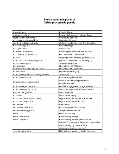 Elenco terminologico n. 8 Diritto processuale penale