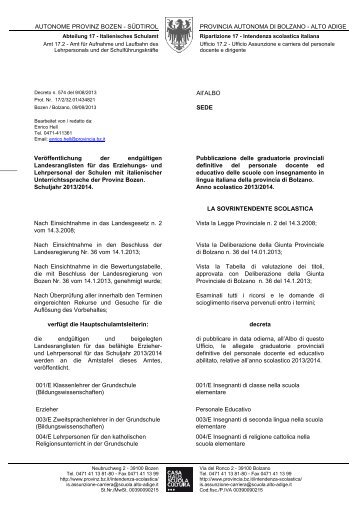 Decreto pubblicazione graduatorie provinciali definitive del 9.8.2013