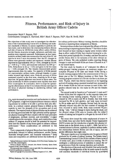 Fitness, Performance, and Risk of Injury in British Army Officer Cadets