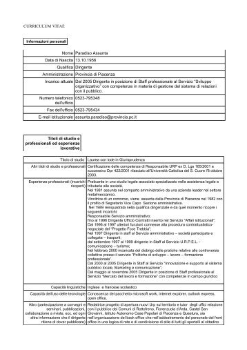 CURRICULUM VITAE Nome Paradiso Assunta Data di Nascita ...