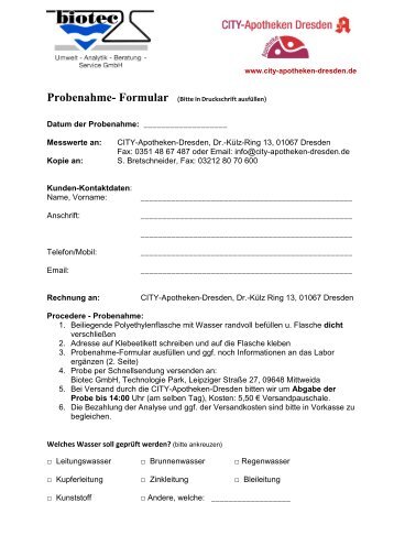Probenahme- Formular - Provitec - Dresden