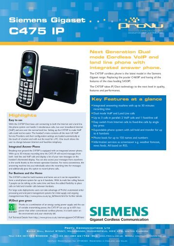 Gigaset C475 IP DECT Phone and Base Station Data Sheet - PDF