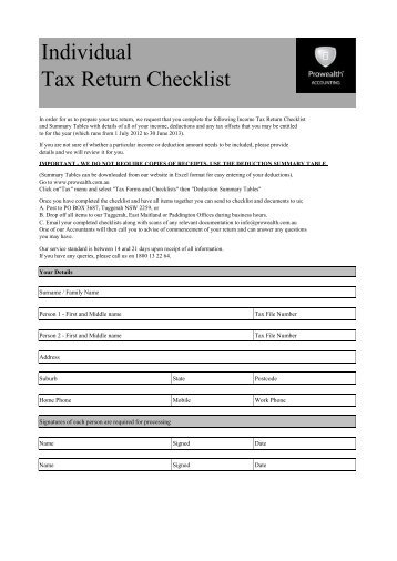 Individual Tax Return Checklist - Prowealth