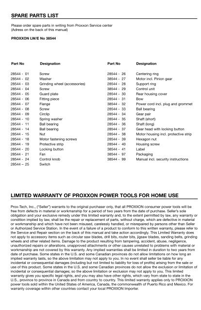Parts Diagram - Proxxon Tools