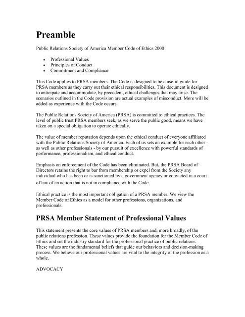 Preamble Public Relations Society Of America Preamble Public Relations Society Of America