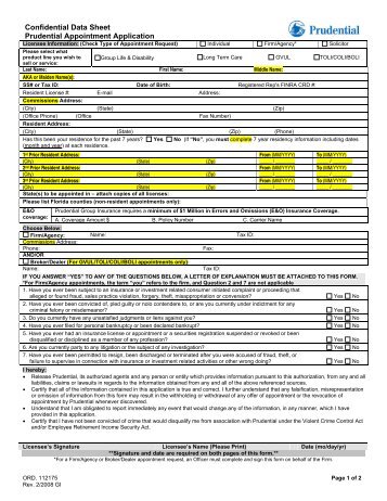 Confidential Data Sheet Prudential Appointment Application