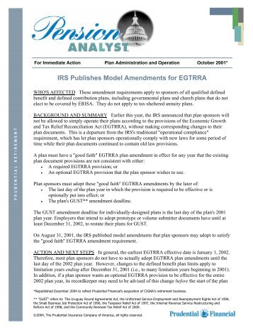 IRS Publishes Model Amendments for EGTRRA - Prudential