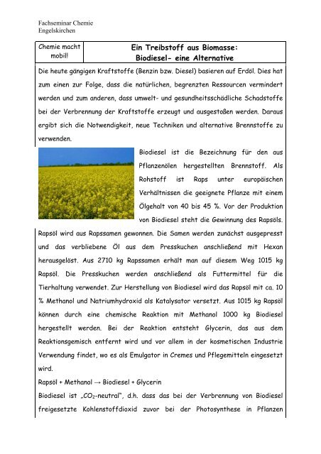 Ein Treibstoff aus Biomasse: Biodiesel - PS-Chemieunterricht.de