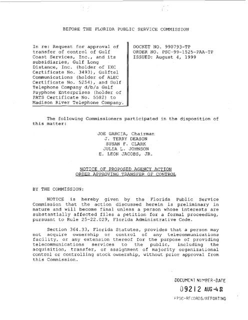 Request for approval of transfer of control of Gulf Coast Services, Inc ...