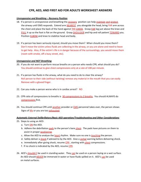 CPR, AED, AND FIRST AID FOR ADULTS WORKSHEET ANSWERS