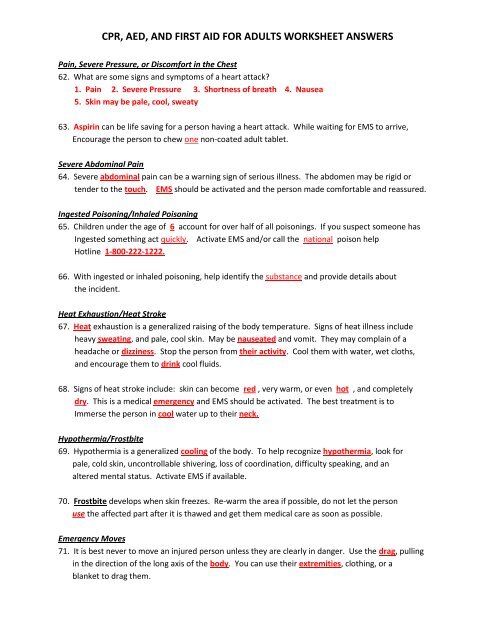 CPR, AED, AND FIRST AID FOR ADULTS WORKSHEET ANSWERS
