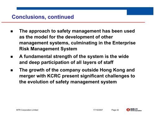 Safety Management Systems - Hong Kong MTR Network