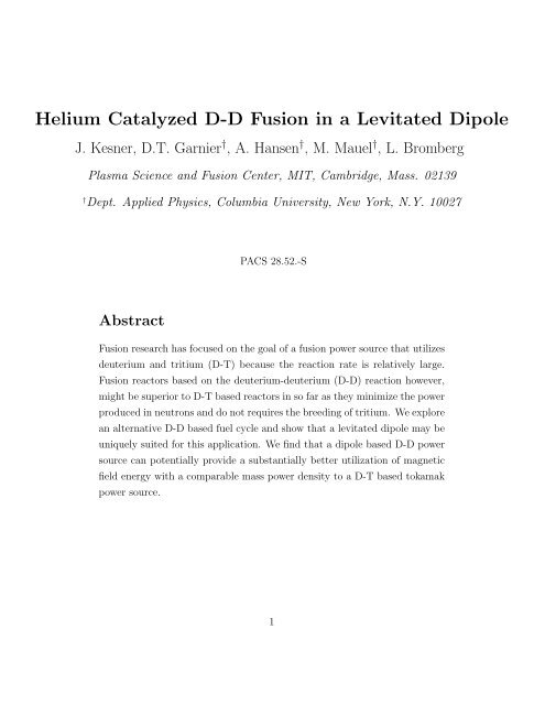 Helium Catalyzed DD Fusion in a Levitated Dipole - Plasma Science ...