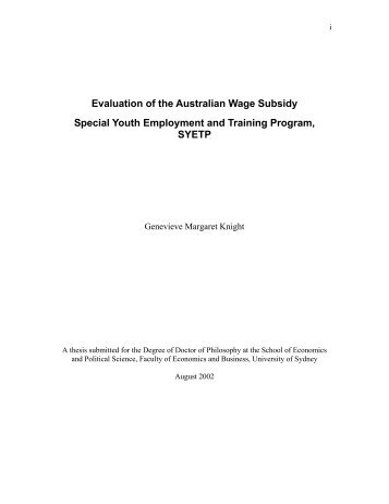 Evaluation of the Australian Wage Subsidy Special Youth ...