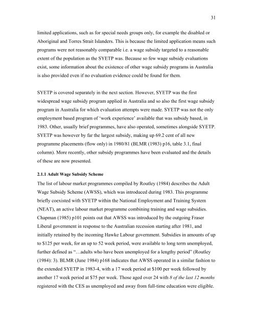 Evaluation of the Australian Wage Subsidy Special Youth ...