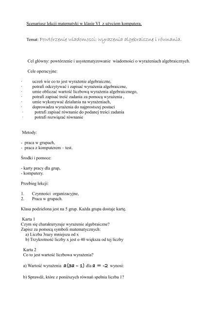 Pdf Konspekt Lekcji Matematyki Skala I Plan Kl 6