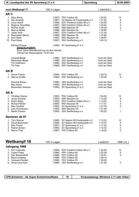 Protokoll 18. Lausitzpokal Spremberg 26.09.2009