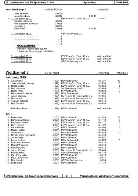 Protokoll 18. Lausitzpokal Spremberg 26.09.2009