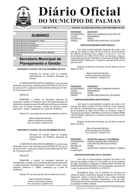 Secretaria Municipal de Finanças - Diário Oficial de Palmas