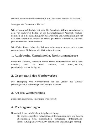 1. Ausloberin, Kontaktstelle, Rechnungsadresse 2. Gegenstand des  ...