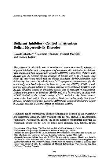 Deficient inhibitory control in attention deficit hyperactivity disorder