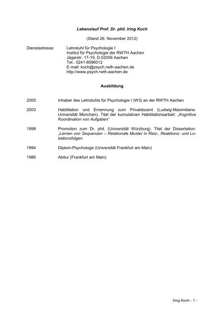 Cv Prof Iring Koch Institut Fa R Psychologie Der Rwth chen