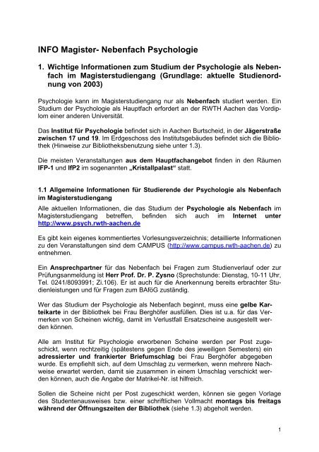 INFO Magister- Nebenfach Psychologie - Institut fÃ¼r Psychologie der ...