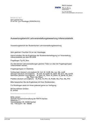 Auswertungsbericht Lehrveranstaltungsbewertung Inferenzstatistik