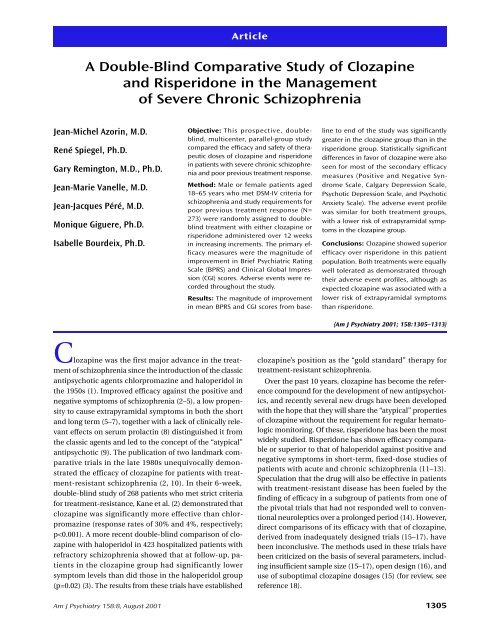 A Double-Blind Comparative Study of Clozapine ... - PsychiatryOnline