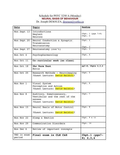 Schedule for PSYC 3250 A (Monday) Dr. Joseph DESOUZA ...
