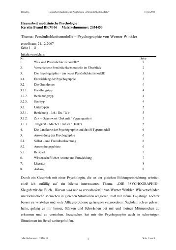 Thema: PersÃ¶nlichkeitsmodelle â Psychographie von Werner Winkler