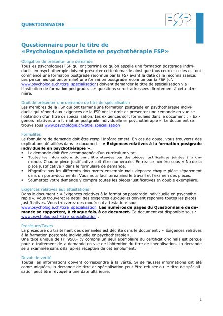 Questionnaire pour le titre de Â«Psychologue spÃ©cialiste en ... - FSP