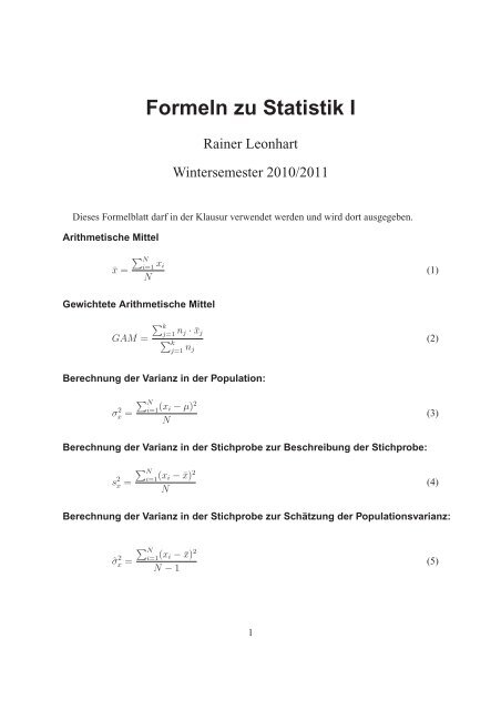 Formelblatt zur Klausur