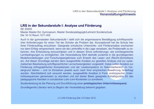 LRS in der Sekundarstufe 01 - Institut fÃ¼r PÃ¤dagogische Psychologie